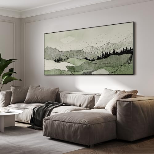24"x46" Extra Large Framed Wall Art Green Line Art Mountain Landscape Illustration for Home Living Room Bedroom Decor