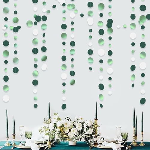 46 Ft Sage Green Party Decorations Metallic Sage Green White Polka Dots Garlands Hanging Paper Circle Dots Streamer for Birthday Engagement Graduation Wedding Party Decorations Supplies