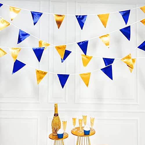 Royal Blue Gold Party Decoration Navy Blue Gold Triangle Pennant Banner Flag Metallic Fabric Bunting Garland for Graduation Birthday Wedding Retirement Bridal Shower Nautical Ahoy Achor Party Supplies (36 Count)