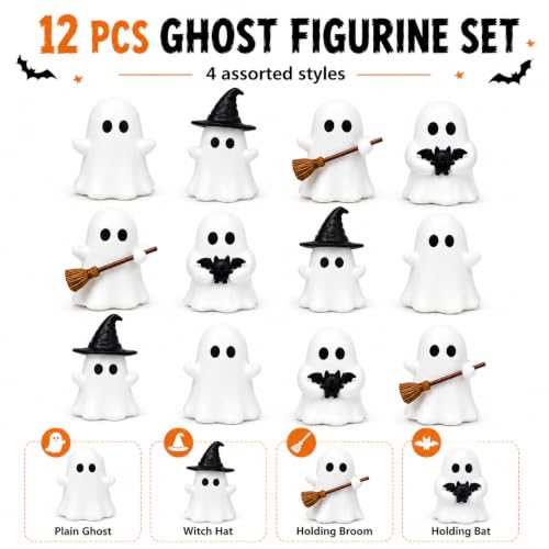 Halloween Shining in The Dark Night Ghost Figurines Cute White Ghost with Black Bat Hat and Broom Tabletop Ornaments Glowing Spooky Decorations for Indoor Home Party Mantel Shelf Desk Decor 12 Pcs