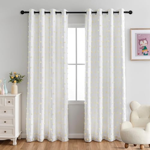 100% Blackout Curtains for Girls Kids Bedroom Thermal Insulated 84 Inch Length Nursery Curtains 2 Panels Grommet Light Filtering Yellow Pom Pom Sheer Drapes for Dining Room (2 Count)