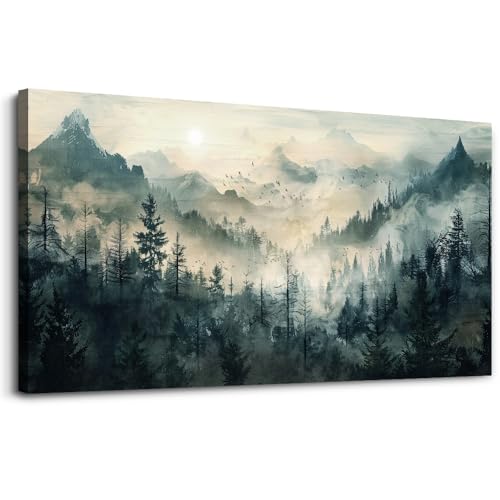 Misty Forest Wall Art Home Decor Mountain View Large Canvas Wall Painting Nature Landscape Painting For Living Room Bedroom Office Modern Printed Artwork Can Be Hung Directly 24x48 Inches