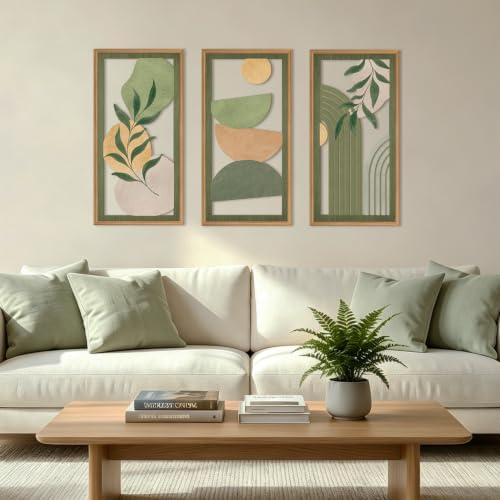 Boho Sage Green Wood Wall Art Framed 12X24 Inch Mid Century Minimalist Botanical Artwork Abstract Geometric Line Wall Decor for Living room Bedroom Set of 3