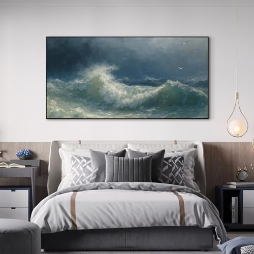 36"x72" Extra Large Framed Wall Art Dramatic Ocean Waves with Stormy Sky and Seagulls for Home Living Room Bedroom Decor