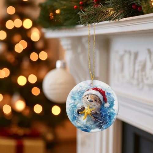 Coastal Beach Santa Sea Otter Christmas Ceramic Ornament