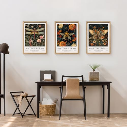 Wood Framed Morris Dragonfly Floral Wall Art Set of 3 (3 Count)