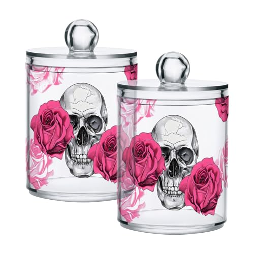 2 Pack Qtip Holder Dispenser Skull Rose Flower Bathroom Storage Canister Lid Acrylic Plastic Apothecary Jar Set Vanity Makeup Organizer for Cotton Swab (2 Count)