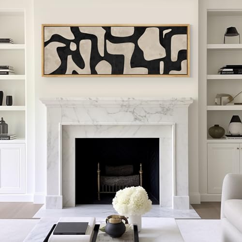 Large Framed Canvas Print Wall Art Abstract Contours Black and White Illustrations Antique Retro Fine Art Illustrations Decorative Colorful for Bedroom