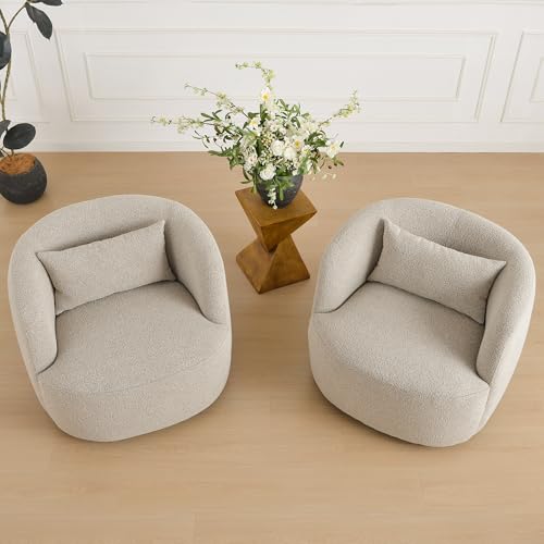 34" W Sherpa Swivel Barrel Chairs with Pillow Set of 2 (2 Count)