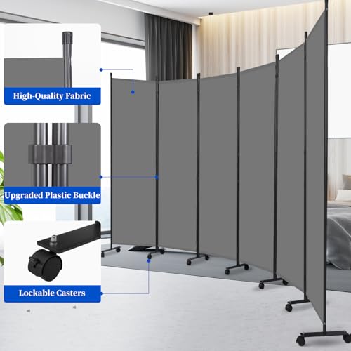 Room Divider 6FT 6 Panel Folding Room Partition with Lockable Wheels