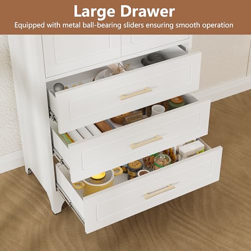 75" Tall White Metal Pantry Storage Cabinet with 3 Drawers