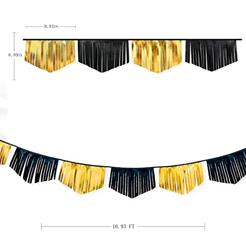 Black and Gold Tassel Banner Double Sided Metallic Fabric Pennant Bunting Flag Garland for Graduation Anniversary Bachelorette Birthday Engagement Wedding Bridal Shower Hen Party Decorations Supplies (18 Count)