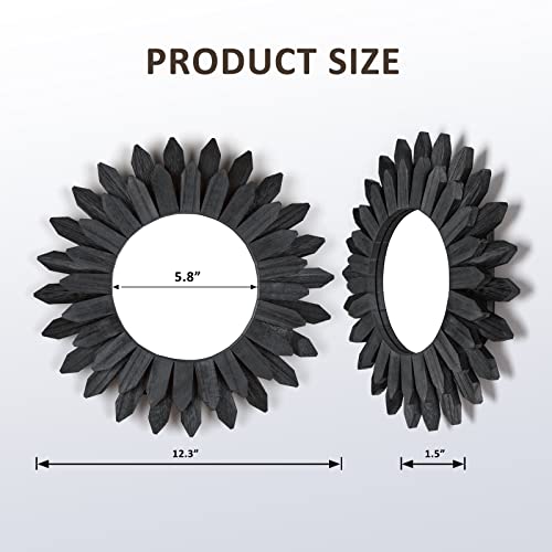 Black Wall Decor Wall Mirror 12 inch Boho Wall Decor Wood Decorative Mirror for Room Decor Home Decor for Bedroom Living Room Bathroom Kitchen Black