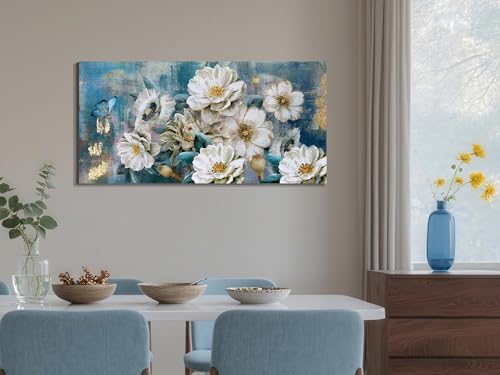 Flower Canvas Wall Art for Bedroom White Elegant Teal Picture