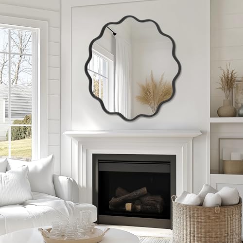 Black Round Mirror 32 Inch Wavy Bathroom Vanity Mirror Black Frame Modern Wall Mirror Decorative Wall