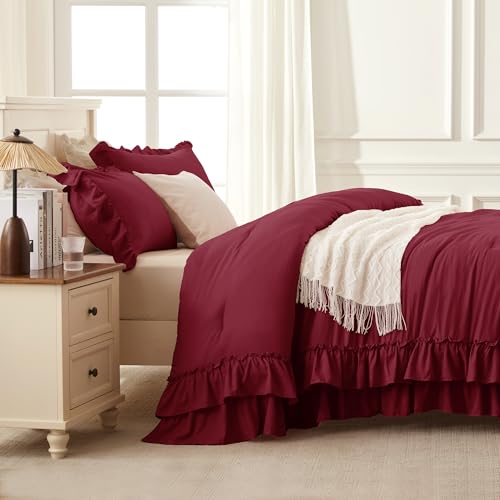 Burgundy Ruffle Comforter Set Queen Size
