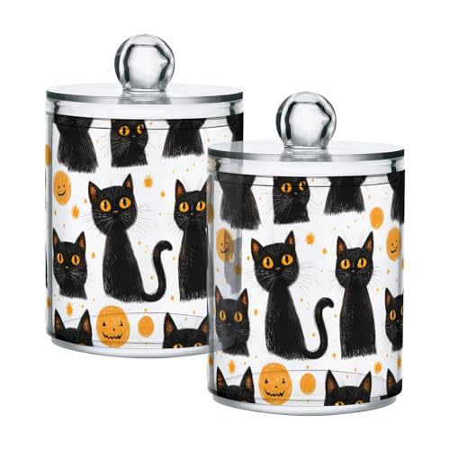 2 Pack Qtip Holder Organizer Dispenser Black Cats Halloween Bathroom Storage Canister Cotton Ball Holder Container for Cotton Pads (2 Count)