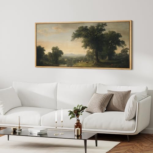 Extra Large Framed Canvas Print Wall Art Pastoral Countryside Landscape Serene River View with Cows and Trees Illustrations Fine Art Illustrations Decorative Colorful for Bedroom