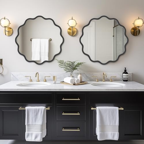 Black Round Mirror 24 Inch Wavy Bathroom Vanity Mirror Black Frame Modern Wall Mirror Decorative Wall