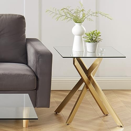 Gold Square Glass Side & End Table with Tempered Glass Top and Metal Tubular Legs