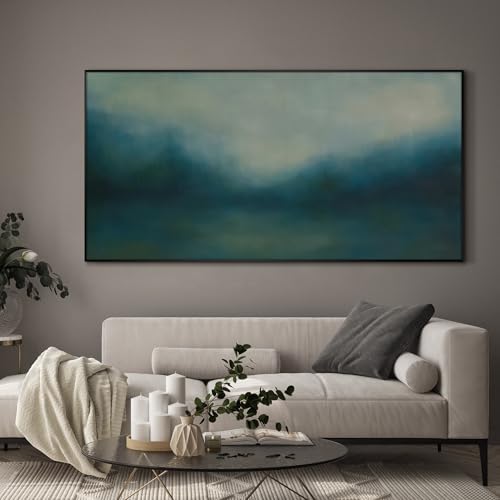 36"x72" Extra Large Framed Wall Art Misty Blue Landscape Abstract Ocean and Sky Illustration for Home Living Room Bedroom Decor