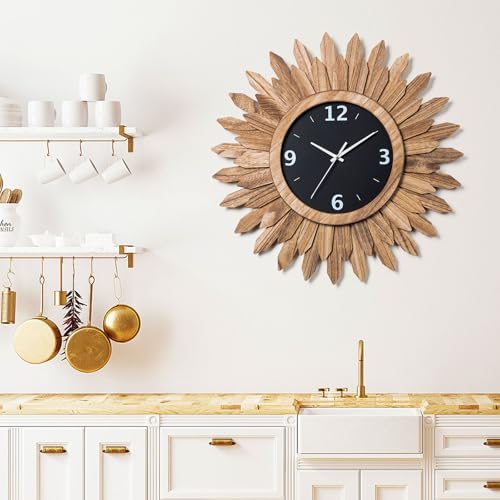 Large Wall Clock Battery Operated 21 in Rustic Wood Boho Sunburst Decorative Wall Clock Silent Non Ticking Farmhouse Wall Clocks for Living Room Bedroom Kitchen Bathroom Decor