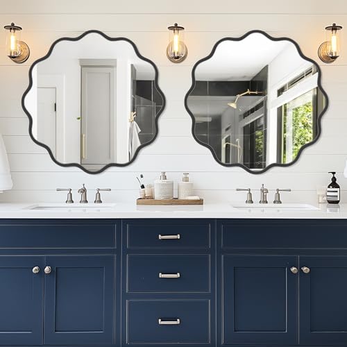Black Round Mirror 32 Inch Wavy Bathroom Vanity Mirror Black Frame Modern Wall Mirror Decorative Wall