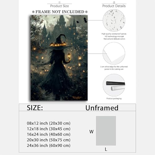 Halloween Witch and Haunted House Canvas Wall Art