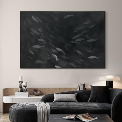 46"x72" Extra Large Framed Wall Art Monochrome Fish Silhouettes Illustration for Home Living Room Bedroom Decor
