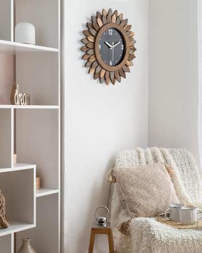 Wall Clock Battery Operated 12 in Rustic Wood Boho Sunburst Decorative Wall Clock Silent Non Ticking Farmhouse Small Wall Clocks for Living Room Kitchen Bathroom Bedroom Decor