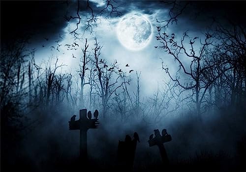 12x8ft Spooky Halloween Graveyard Backdrop Foggy Full Moon Horror Scene