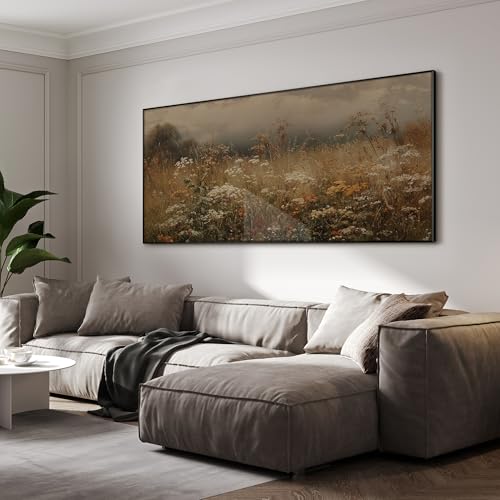 36"x72" Extra Large Framed Wall Art Autumn Meadow Landscape Rustic Brown and Golden Field with Wildflowers Country Illustration for Home Living Room Bedroom Decor