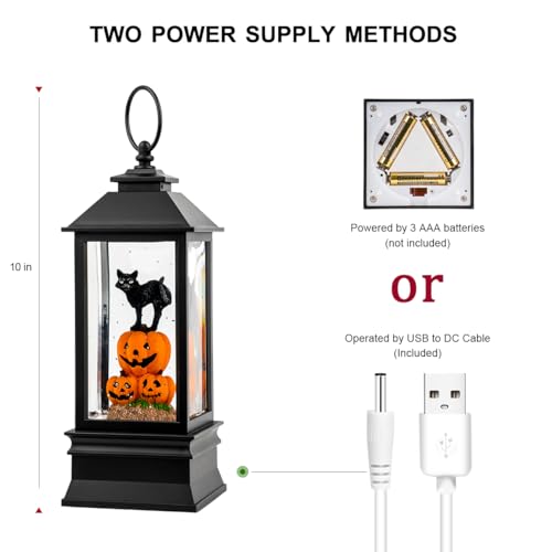 Halloween Snow Globe Lantern Water Glittering Spooky Witch' s Black Cat in Pumpkins with Music