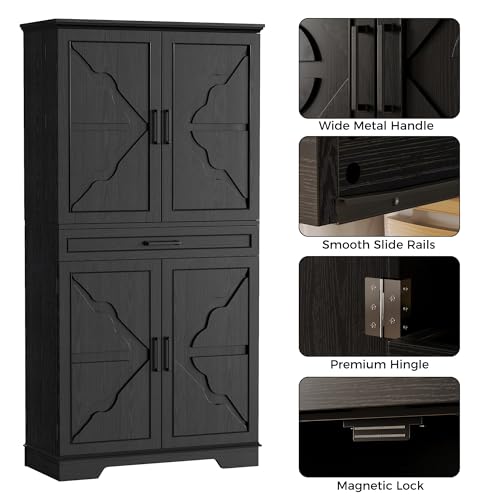72" Farmhouse Kitchen Pantry Cabinet with Sliding Storage Rack