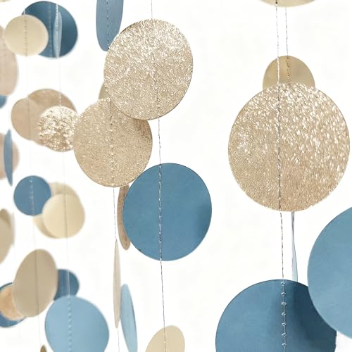 Champagne Gold Dusty Blue Beige Circle Dot Garland Hanging Paper Polka Dot Streamer for Men Birthday Wedding Bridal Shower Retirement Engagement Bachelorette Party Decorations Supplies