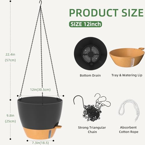 12 Inch Large Self Watering Hanging Planters for Indoor Outdoor Plants