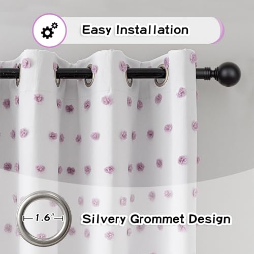 100% Blackout Curtains for Nursery Thermal Insulated Purple Pom Pom Curtains 72 Inch Long for Girls Bedroom 2 Panels White Sheer Curtains for Dining Room Door Grommet (2 Count)