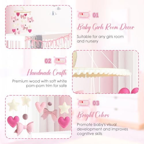 Pink Bow Baby Crib Mobile with Pink Ribbon Bow Garland Banner