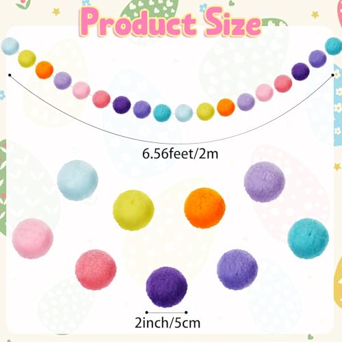 2 Pcs 2 Inch Large Pastel Pom Pom Garland Colorful Pastel Garlands Decor 13 ft Spring Felt Ball Banner for Home Classroom Mantle Decor Baby Shower Party Hanging Wall Decoration (2 Count)