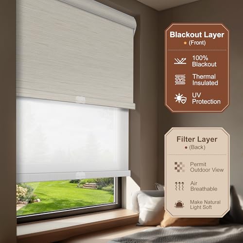 Cordless Dual Roller Shades. Beige & White.70 W x 86" H