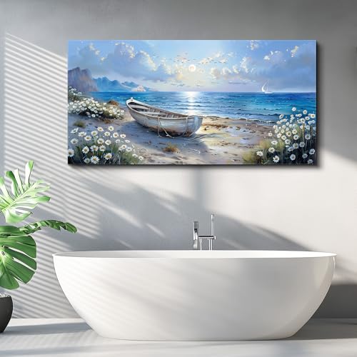Large Wall Art For Living Room Canvas Wall Decor For Bedroom Office White Flower Seaside Landscape Painting Farmhouse Decorations Wall Pictures Artwork Ready To Hang Home Decor 24"X48"
