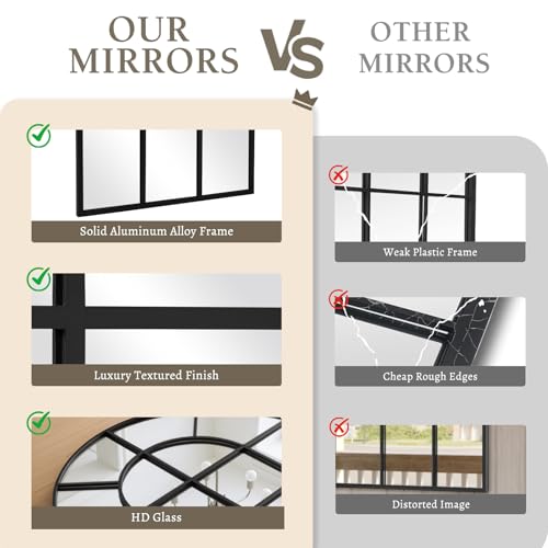 Arched Windowpane Mirror Full Length 65"x24" Wall Mounted Black Art Pane Farmhouse Decorative Floor Mirror Leaning Hanging Wall Mirror for Bedroom Living Room Entrance