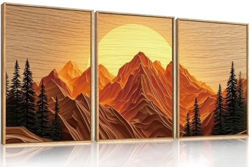 Large Boho Golden Mountain Framed Canvas Wall Art Set