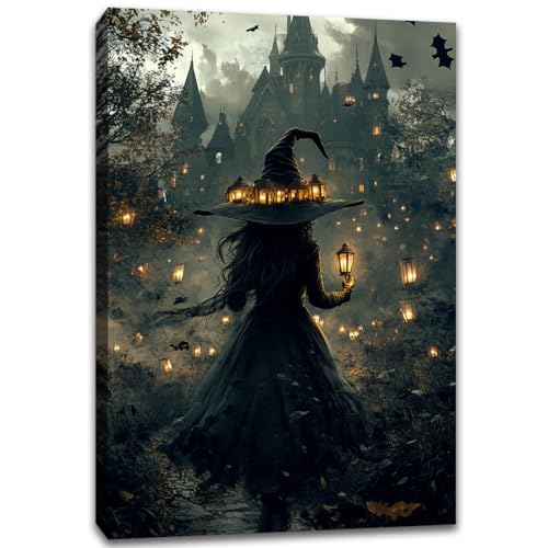 Halloween Witch and Haunted House Canvas Wall Art