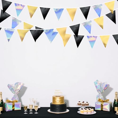 Black Gold Iridescent Party Decorations Triangle Pennant Banner Flag Metallic Fabric Bunting for Birthday Graduation Retirement Wedding Bridal Shower Engagement Bachelorette Disco Party Supplies (32 Foot)