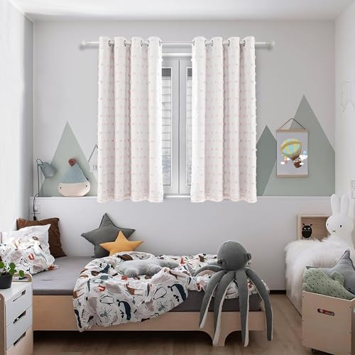 Pink Pom Pom Blackout Curtains for Girls Bedroom 63 Inch Long 100% Blackout Curtains for Kids Room 2 Panels Room Darkening Small Window Treatment Grommet 2 Layered Drapes Toddler 50W x 63L (2 Count)