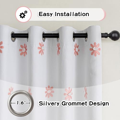 Pink Floral Blackout Curtains for Living Room 90 Inches Long Total Light Blocking Curtain for Girls Bedroom 2 Panels Grommet 100% Room Darkening Window Drapes with Flower Sheer 50W x 90L (2 Count)