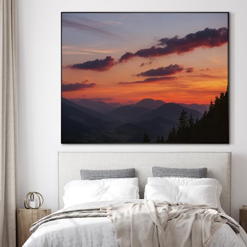 36"x46" Extra Large Framed Wall Art Scenic Sunset Over Mountain Range with Glowing Sky for Home Living Room Bedroom Decor