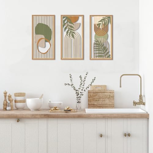 Boho Mid century Modern Wood Wall Art 8x16 Inch Framed Green Bohemian Abstract Wooden Wall Decor Set of 3 Minimalist Geometric Leaf Artwork for Living room Bedroom Office