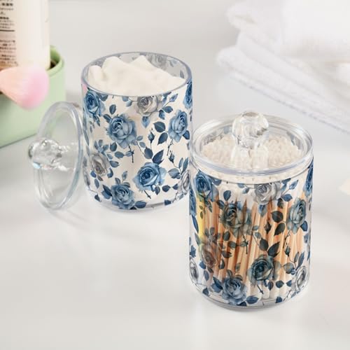 2 Pack Qtip Holder Organizer Dispenser Roses Blue Grey Bathroom Storage Canister Cotton Ball Holder Container for Cotton Pads (2 Count)